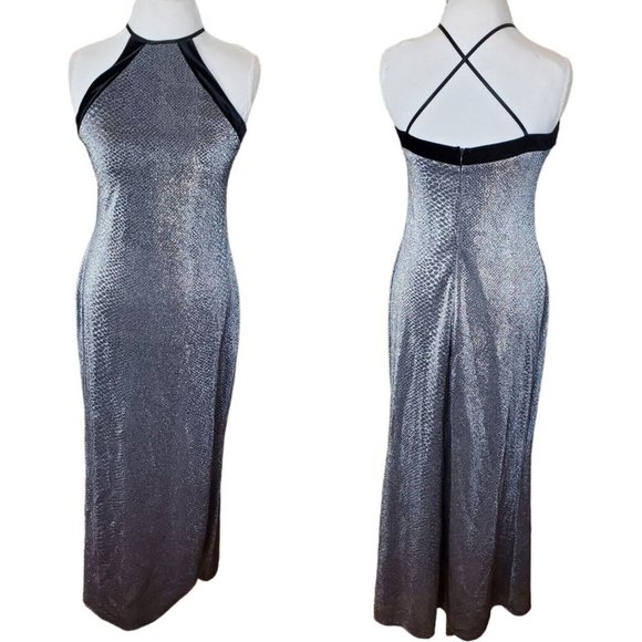 Vintage Dresses & Skirts - Vintage 90s Silver Metallic Long Halter Dress‎ Velvet Trim Open Back M 8 10 Hoco